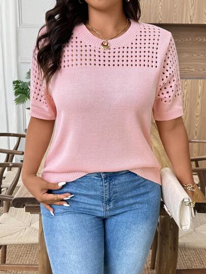 EMERY ROSE Plus Size Casual Hollow Out Round Neck Short Sleeve Tops