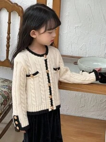 DAZY Cárdigan de cuello redondo con trenzado frontal de estilo coreano de punto de cable para niña, otoño e invierno - Blanco - Ver 5