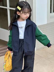 DAZY Young Girls Contrast Color Casual Street Style Long Sleeve Jacket - Army Green - View 4