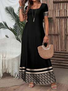 EMERY ROSE 女士几何条纹印花短袖优雅中长连衣裙，适合度假 - 黑色 - 查看 1