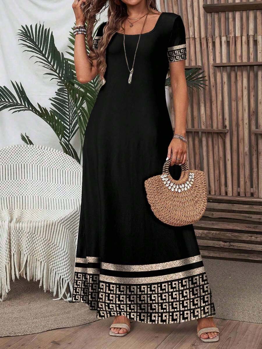 EMERY ROSE 女士几何条纹印花短袖优雅中长连衣裙，适合度假 - 黑色 - 查看 1