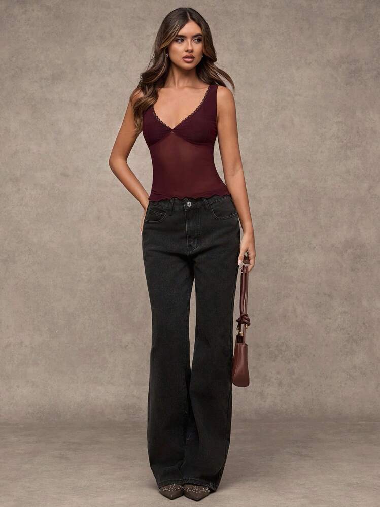 SHEIN BAE Summer Sexy Floral Print Leopard Retro Pattern Lace Women's Slim Fit Long Tank Dress - Burgundy - View 7