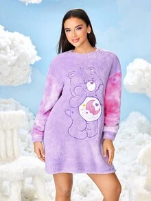 SHEIN X Care Bears Women's Bear Embroidered Crew Neck Long Sleeve Winter Nightgown, Fall - Purple - View 6