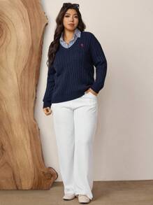 SHEIN LUNE Maglione casual oversize con scollo a V, lavorazione a maglia testurizzata con motivi ricamati