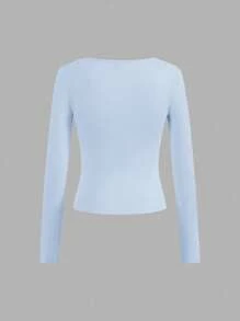 SHEIN Essnce Bộ 4 áo thun cổ tròn tay dài màu trơn đơn giản, thoải mái dành cho nữ, phù hợp cho mùa thu/đông - Nhiều màu - Xem 11