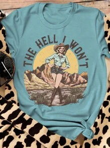 EMERY ROSE 大码复古西部风景和女孩印花休闲短袖T恤图案T恤女式上衣 - 藍色 - 查看 3