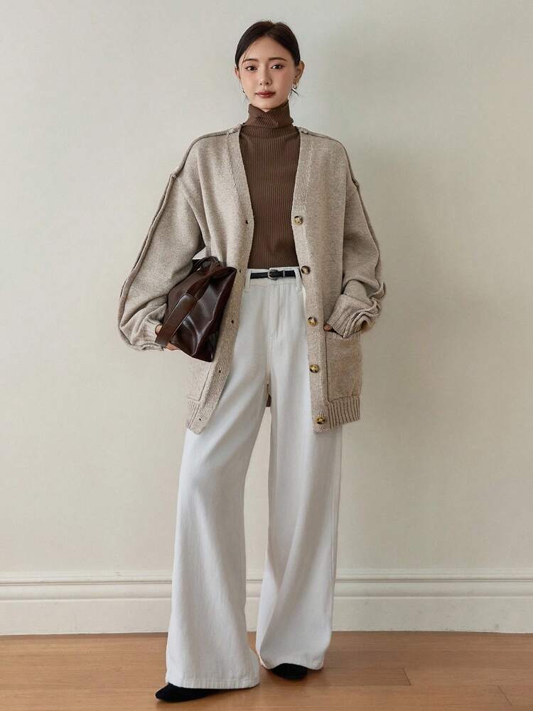 V-Neck Thick Loose Casual Business Outerwear Knit Cardigan For Women, With Design Line Decor, Autumn/Winter,Fall Women Clothes