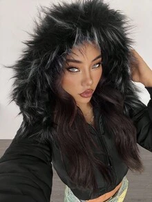 SHEIN PETITE 女士时尚百搭连帽短款夹克，冬季 - 黑色 - 查看 2