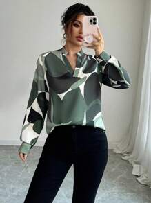 Elenzga 休闲拼色印花缺口领衬衫，适合春秋季节 - 橄欖綠 - 查看 5