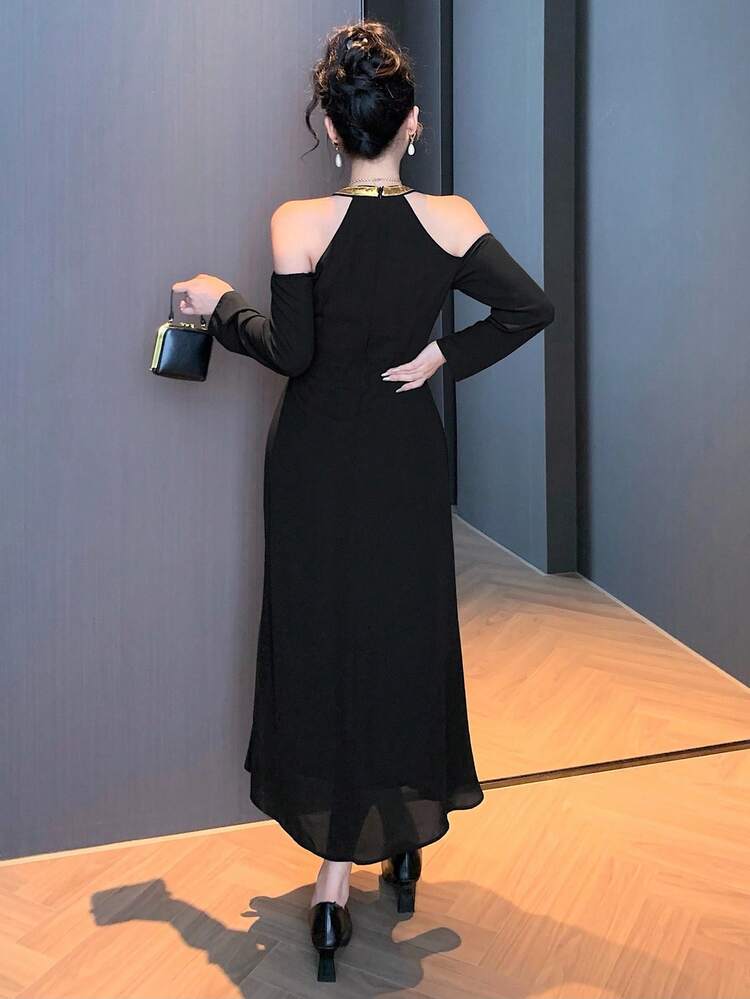 Women's Fashionable Elegant Open Shoulder V-Neck Fitted Mid-Length Dress Prom Dress
