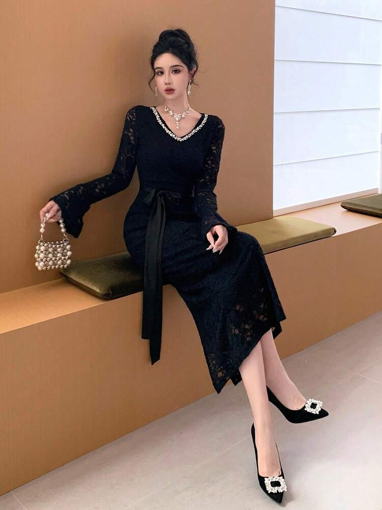 Women's Elegant Black Hollow-Out Long Sleeve Dress Prom Dress Maxi Dress