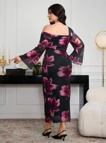 Modelyn Plus Size Elegant Women's Fitted Mesh Printed Dress Fall Cloth For Women - Black - View 2