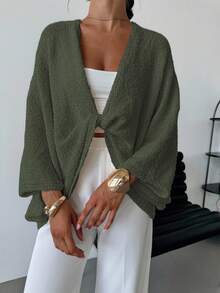 EURMUSE Women's Crossed V-Neck Loose Elegant Minimalist Sweater - Army Green - View 6