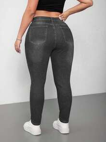 SHEIN Cottnline Plus Size Medium Wash Blue High Stretch Skinny Distressed Sexy Jeans - Grey - View 2