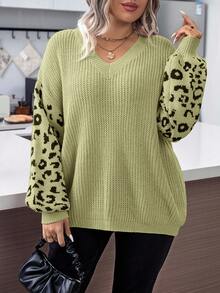 EURMUSE Áo len hở vai họa tiết da báo chắp vá cỡ lớn dành cho nữ - Màu xanh Ô liu - Xem 6