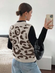 Siren Gaze Women's V-Neck Leopard Print Single-Breasted Casual Knit Vest In Fall/Winter,Leopard Print Top,Cheetah Print Top,Leopard Print Top Casual - Multicolor - View 2