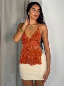 Glamine Romantic Shiny Orange Sequin Camisole For Summer Beach Vacation Beaded Top Rhinestone Top Brown Top Women Sequin Top Embroidered Top