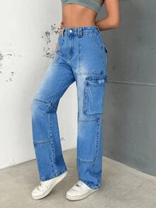 EURMUSE Medium Wash Cargo Jeans Stitch Detail - Medium Wash - View 3
