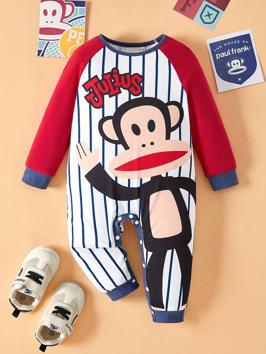 Paul Frank X SHEIN 男婴拼接条纹卡通猴子印花圆领长袖柔软亲肤连体衣 - 紅白色 - 查看 1