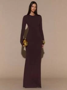 SHEIN BAE 纯棕色长袖性感露背修身优雅加长美人鱼连衣裙，优雅连衣裙，秋冬加长针织连衣裙衬里 - 棕色 - 查看 4