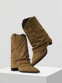 Mnmlis Women's Fashionable Khaki Retro Western Style Suede Zipper Tall Boots