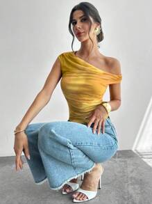 Firerie Women's Asymmetrical Neck Ombre Print Ruched T-Shirt, Asymmetric Shoulder Yellow Top, Suitable For Spring/Summer, Beach, Commute, Elegant, Sexy, Vacation, Bohemian, Hawaii, Music Festival, Romantic, Date - Yellow - View 7
