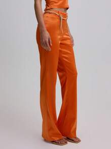 MUSERA 系带喇叭缎面裤，仅裤脚，性感可爱，Y2K 90年代风格，适合夜生活、返校季、秋季假期、生日、优雅、夏季、春季、假日、嘉年华等场合，休闲百搭。 - 橘色 - 查看 3