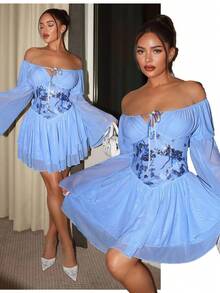 SHEIN SXY Schulterfreies, mit Pailletten besticktes Patchwork-Kleid in Blau mit Mini-Rüschensaum, Korsett-Oberteil-Kleid, Babyblaues Kleid, schulterfreies Kleid, Korsettkleid, Paillettenkleid, Y2k, Urlaubsoutfits Damen, schulterfreies Oberteil, Country-Konzert-Outfit, Club-Outfits Damen Sexy - Blau - Übersicht 1