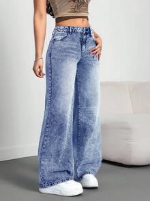 SHEIN Tall Quần Jeans Nữ Quần Ống Rộng Rộng Thường Ngày Quần Jeans Nữ Cao Quần Đen Quần Jeans Cạp Thấp Quần Jeans Cạp Thấp Quần Baggy Quần Nữ Quần Nữ Cao - Rửa nhẹ - Xem 5