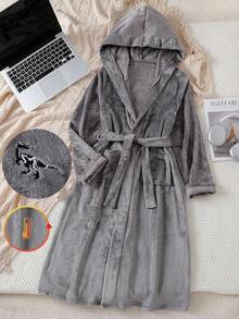 Teen Boys Plush Dinosaur Embroidery Design Hooded Robe With Belt, Long Sleeve Long Pajamas - Grey - View 1