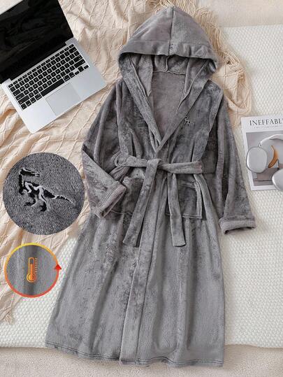 青少年男童阻燃毛绒恐龙刺绣图案连帽睡袍，配腰带，长袖长睡衣