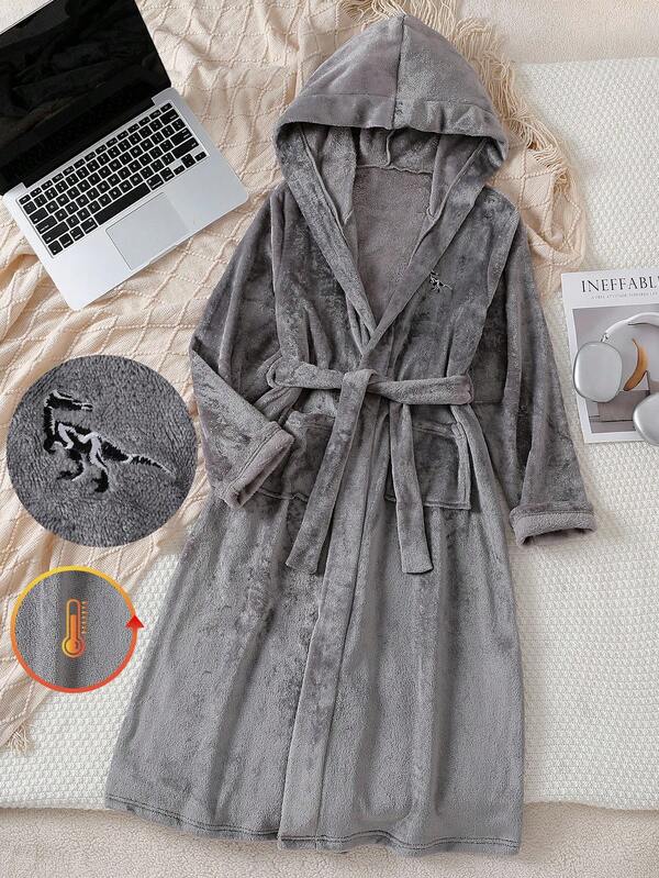 Feuerbeständiger Plüsch-Dinosaurier-Stickerei-Design Kapuzenmantel mit Gürtel für Teenager-Jungen, Langarm-Schlafanzug