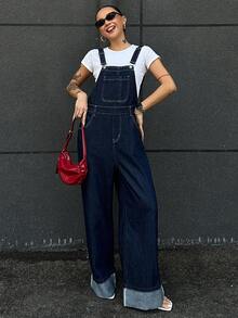 Livesso 女式休闲水洗卷边牛仔背带裤工装裤 - 黑色 - 查看 3