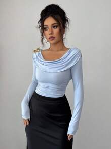 Modelyn Knitted Draped Neck Ruffle Long Sleeve Hollow Back Metallic Butterfly Decor Elegant French T-Shirt Fall Cloth For Women - Blue - View 7