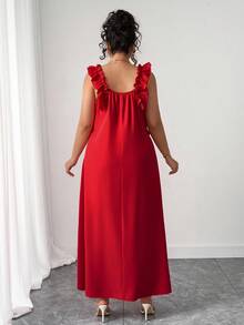 SHEIN PETITE Váy maxi cổ vuông không tay viền bèo màu trơn thanh lịch dành cho nữ cỡ lớn mùa Giáng sinh, mùa hè - Đỏ - Xem 2