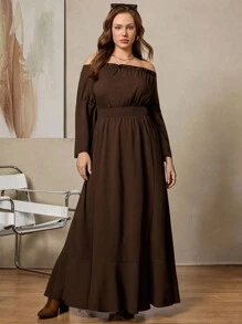 Zelara Đầm thời trang cổ vuông tay dài xẻ tà bên hông cỡ lớn cho nữ - Cà phê nâu - Xem 5