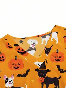 PopScrub Women's Halloween Pattern Nurse Doctor Uniform Top,Orange V-Neck Short Sleeve Double Pocket Pet Grooming Lab Workwear,Summer Functional Scrub Top - Orange - View 3