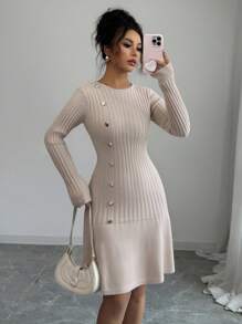 Elenzga Women's Solid Color Round Neck Long Sleeve Button Design Knitted Dress Fall Winter Cloth For Women - Maroon - View 5