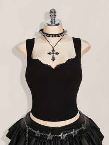 SHEIN ICON ICON 大码纯色女士休闲无袖上衣，适合夏季穿着，哥特风蕾丝边饰朋克风黑色上衣，锐舞风上衣 - 黑色 - 查看 3