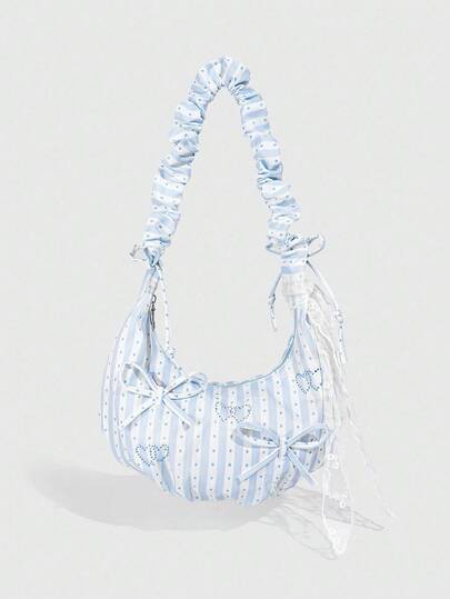 Kawaii 1pc Cute Japanese Style Blue & White Striped Heart & Crescent Moon Crossbody Bag, Ruffle Trim Drawstring Shoulder Bag With Bow & Heart Decor, Suitable For Teens And Students For Daily Use