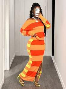 BamGleam 女式休闲条纹宽松上衣和条纹开衩下摆裙套装 - 香檳色 - 查看 7