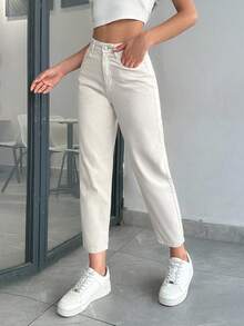 EURMUSE High Waist Basic Mom Fit Jeans - Beige - View 8