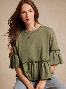 WESTFADE 竹节针织圆领荷叶边袖荷叶边 T 恤，回到学校可爱秋季乡村音乐会 - 綠色 - 查看 1
