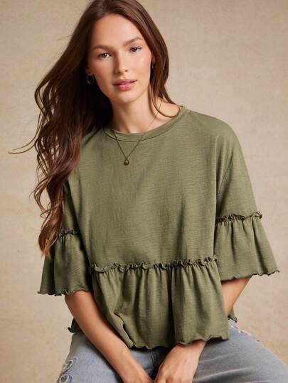 WESTFADE 竹节针织圆领荷叶边袖荷叶边 T 恤，回到学校可爱秋季乡村音乐会