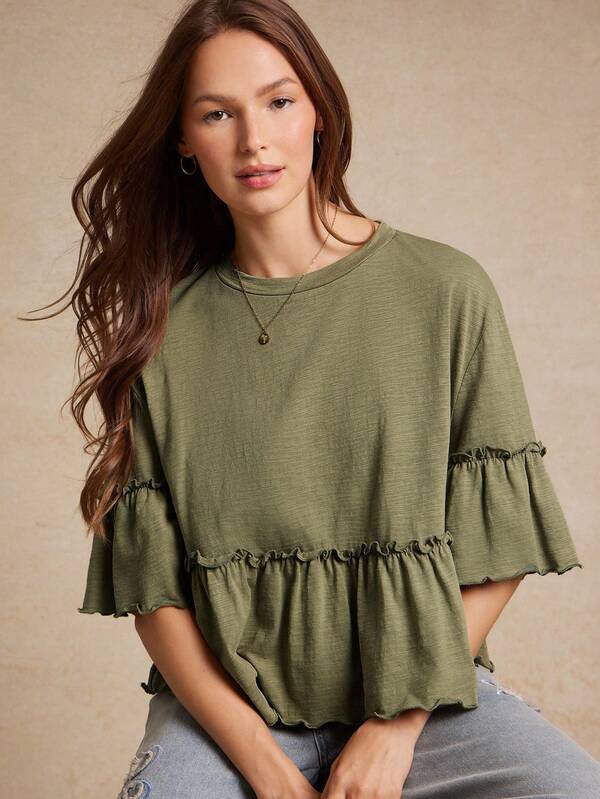 WESTFADE 竹节针织圆领荷叶边袖荷叶边 T 恤，回到学校可爱秋季乡村音乐会