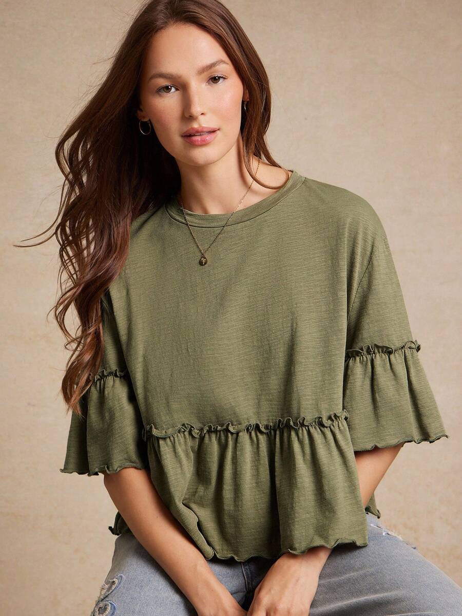 WESTFADE 竹节针织圆领荷叶边袖荷叶边 T 恤，回到学校可爱秋季乡村音乐会 - 綠色 - 查看 1