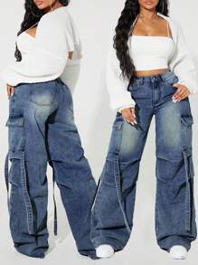 SHEIN ICON 大码女式工装口袋褶皱阔腿宽松休闲牛仔裤 - 霧霾藍 - 查看 1