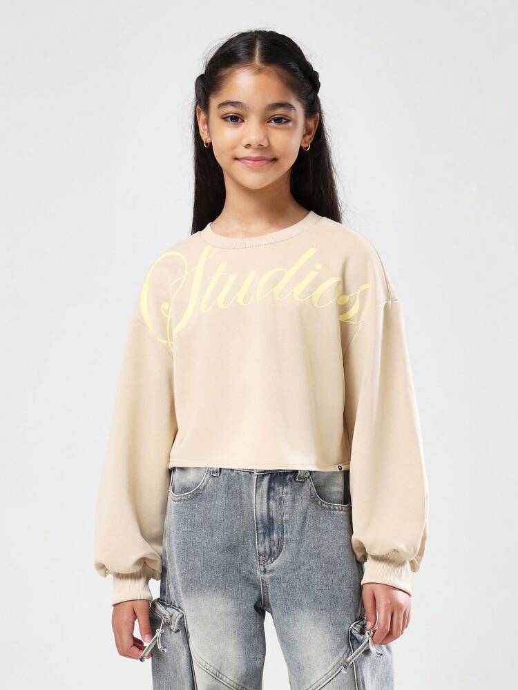 Boxy Fit Cropped Sweatshirt With Yellow Script Print