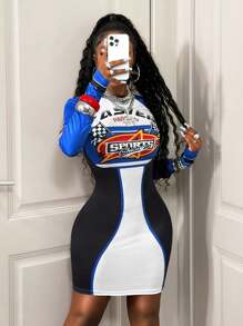 BamGleam Color Block Letter Print Fitted Biker Dress Fall Cloth For Women - White - View 5