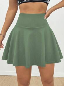 SHEIN Sports 女式纯色简约休闲口袋裙 - 軍綠色 - 查看 3